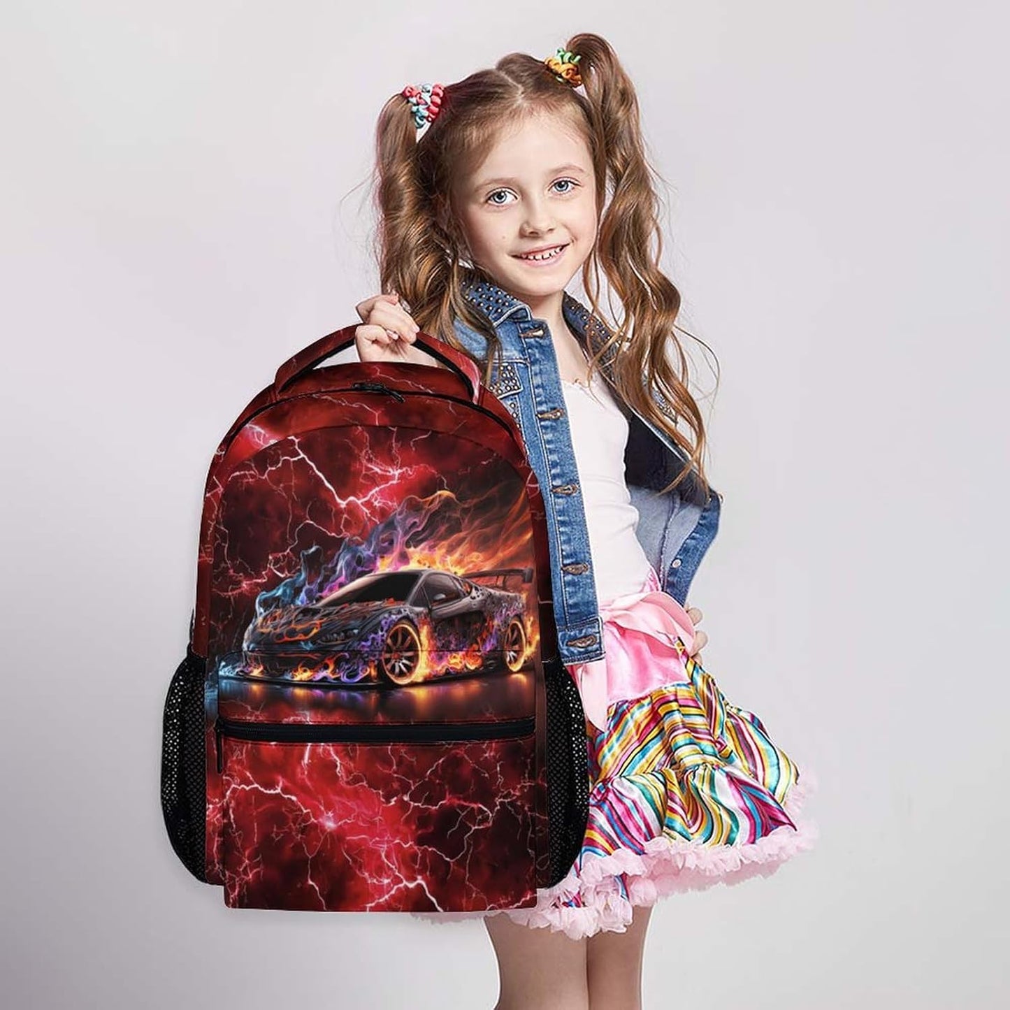 Boys Backpack, Kids Bookbag for Teens, Colorful 17 Inch Cool Race Car Backpack, Durable Schoolbag for Middle School Travel Camping Vacation