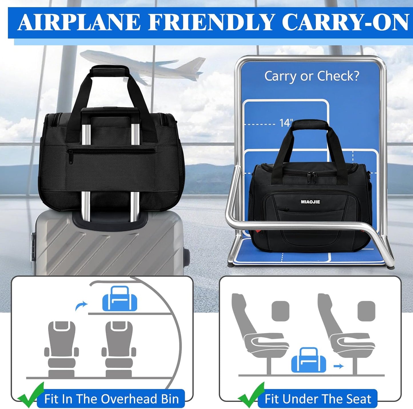 Underseat Carry On luggage Bag Airplanes Personal Item Bags Weekender Overnight Travel Tote Bag Shoulder Small Softside Carry on Luggage Travel Duffel Bags For Men Women -16 IN Black