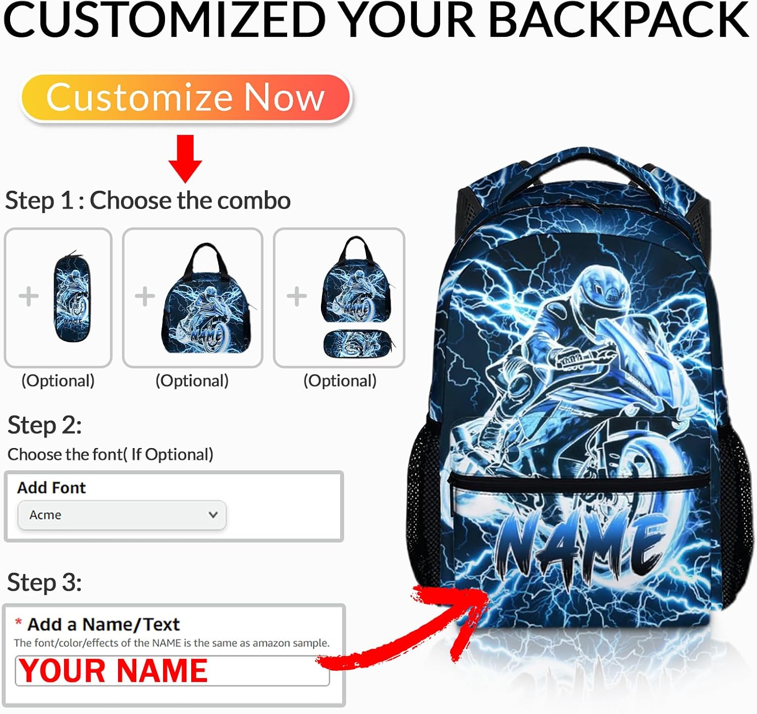 Personalized Backpacks for Boys, Motorcycle Backpack with Custom Name for Kids Kindergarten Primary