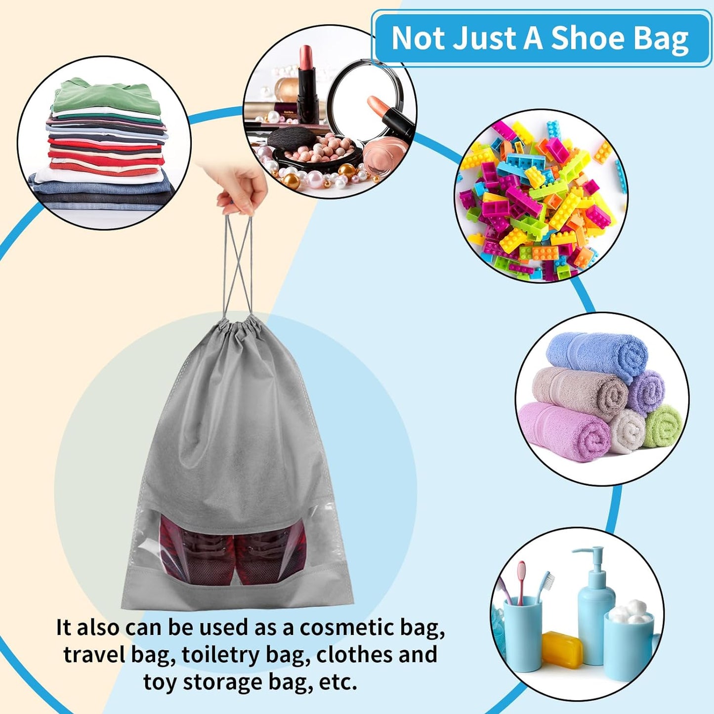 Large Gray Travel Shoe Bags - 10 Pcs with Clear Window, Non-Woven Drawstring, 12.6" X 17.3" for Men Women