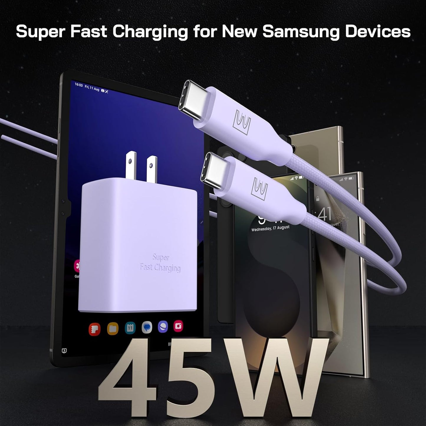 45W Super Fast Charger Type C, [2 Pack] 45 Watt USB-C Charger PD/PPS Wall Charging Block for Samsung Galaxy S25 Ultra/S24/S23 Ultra/S23+/S22 Ultra/S22+/S20 Ultra, Tab S8(Purple, with 2X 10ft Cable)