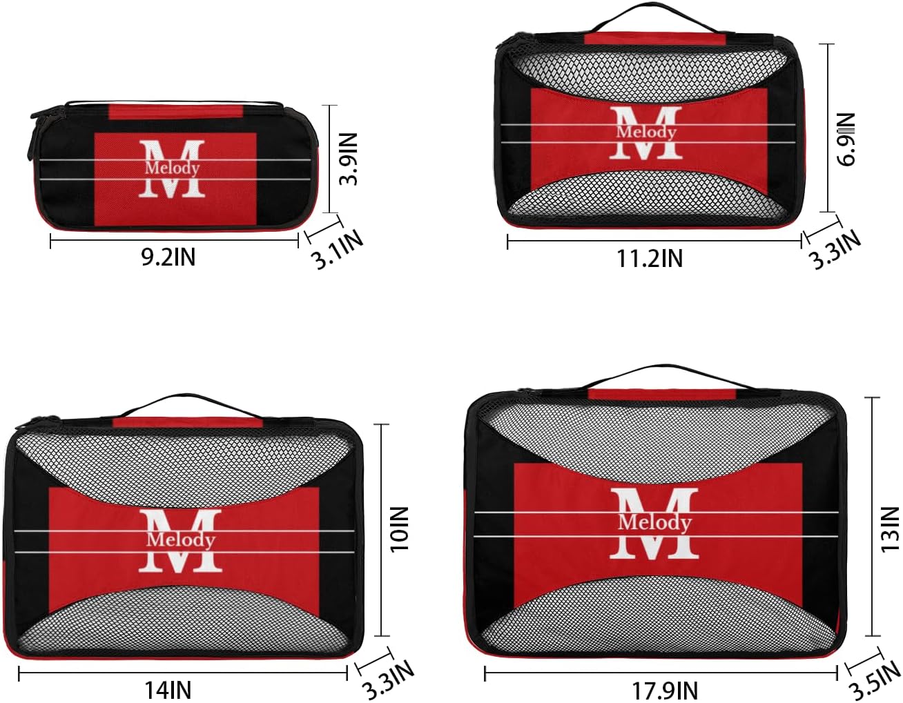 4pc Personalized Name Packing Cubes for Travel - Luggage Packing Organizers - Travel Packing Cubes for Suitcases, Red with Black, Initial Letter