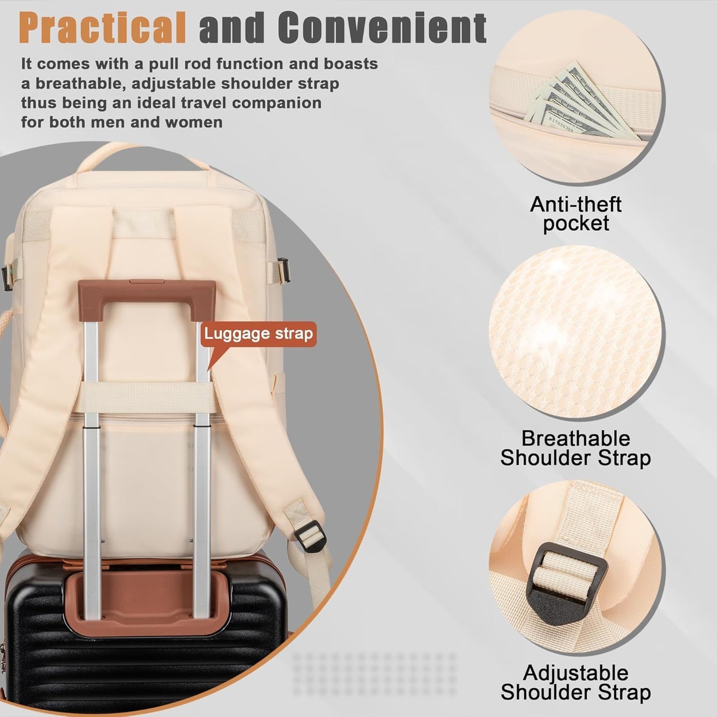 50L Travel Backpack with USB Charging Port, Water-Resistant Carry On Backpack for Men Women