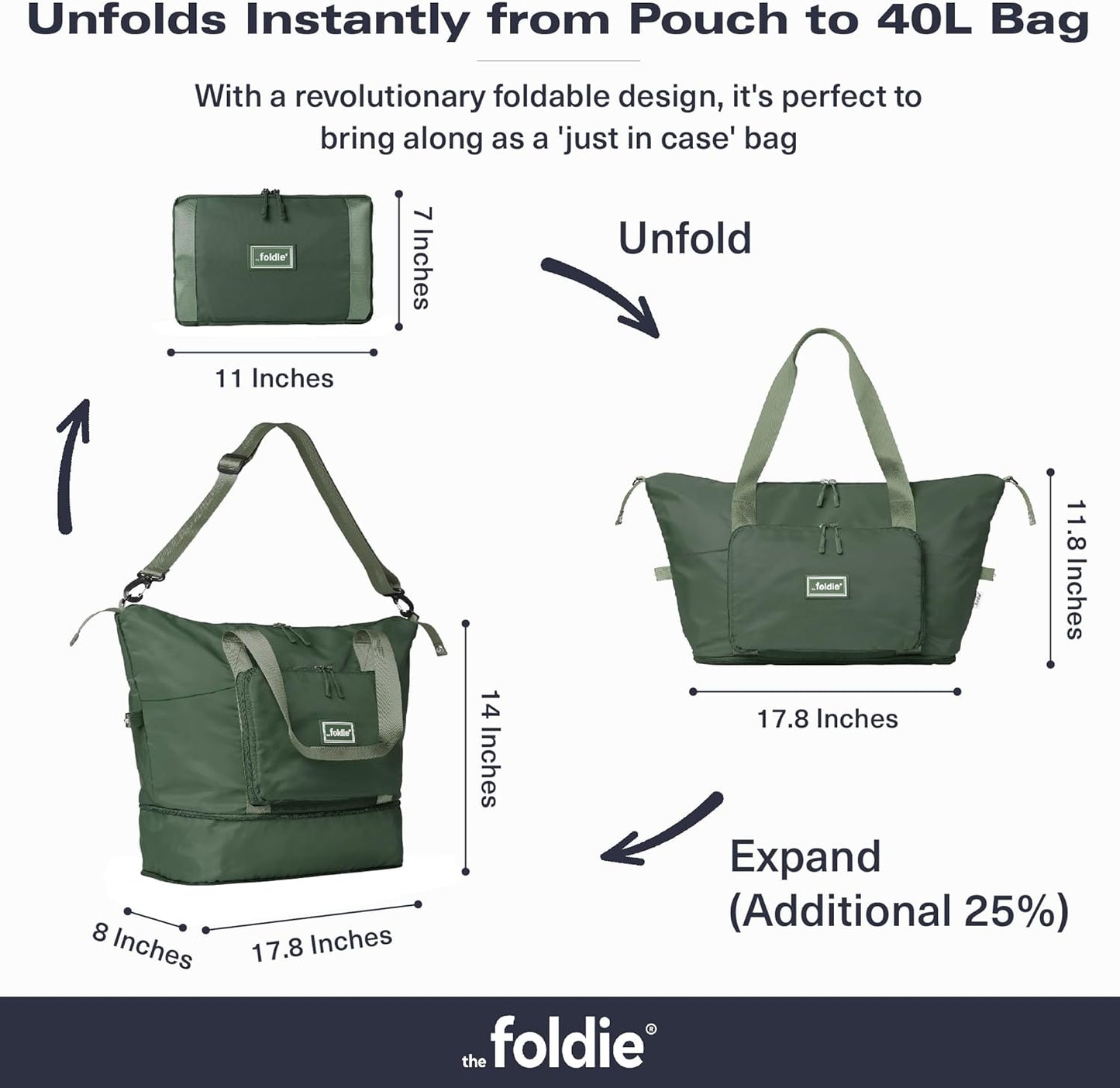 The Foldie Foldable Travel Bag for Women - 40L Weekender Bag with Multiple Pockets - Carry On Expendable Travel Bag