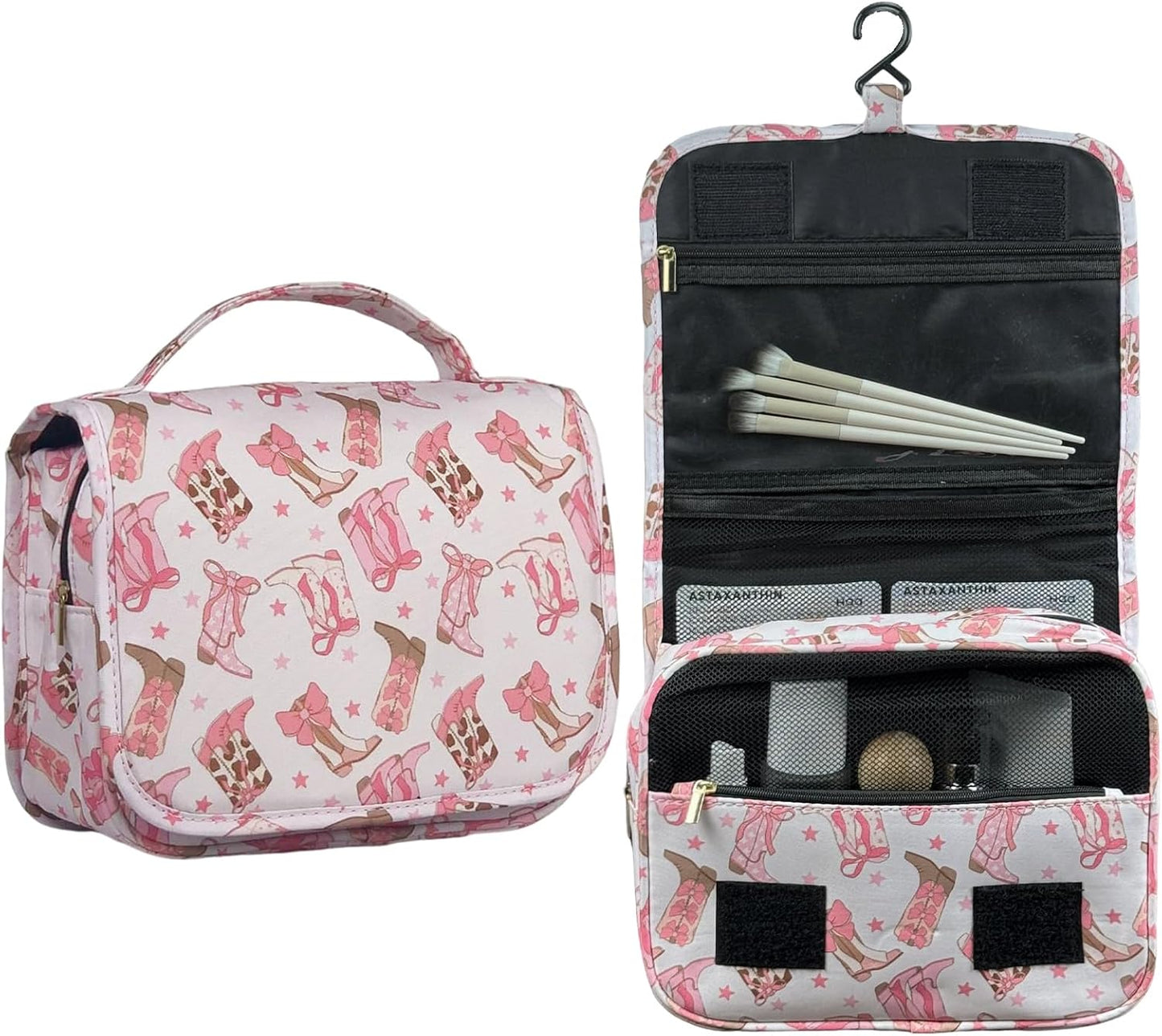 Crazy Bison Hanging Travel Toiletry Bag Kit Makeup Bag Cosmetics Organizer for Men Women (Cowboy Boots with Bow)