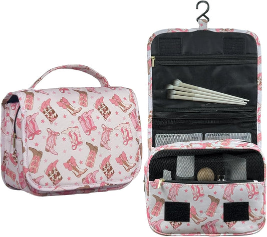 Crazy Bison Hanging Travel Toiletry Bag Kit Makeup Bag Cosmetics Organizer for Men Women (Cowboy Boots with Bow)