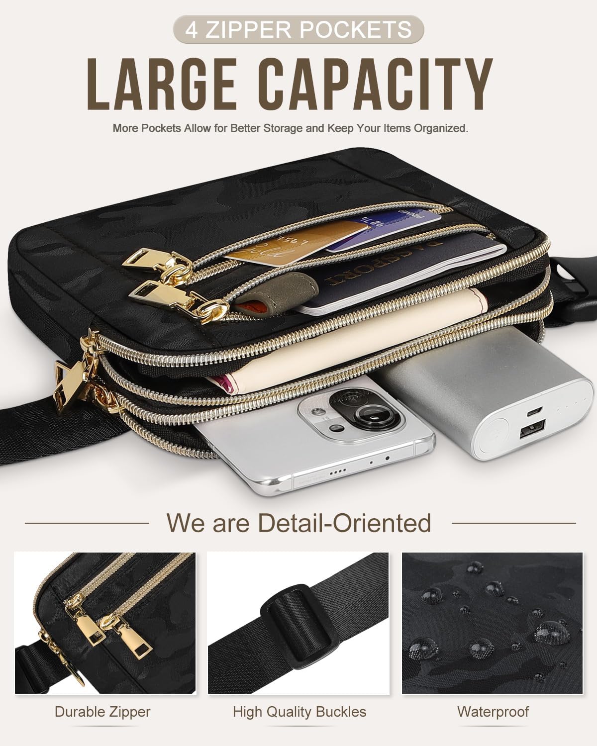Capolo Fanny Packs for Women Fashion Waist Packs Bag with Adjustable Strap and 4 Zipper Pockets Waterproof Everywhere Crossbody Belt Bag for Workout Running Travelling(Black Camo, Large)