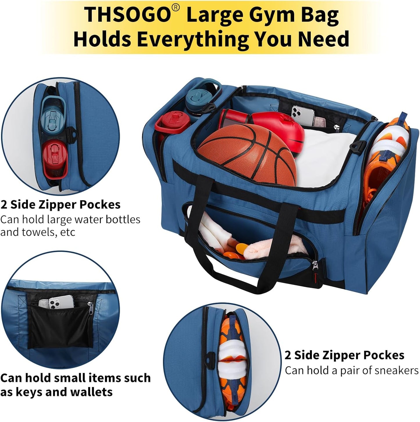 22 inch Gym Bag for Men - 55L Large Travel Duffle Bag Sports Equipment Bag with Multiple Zippered Pockets,Outdoor Workout Duffle Bag for Overnight Weekend - Blue