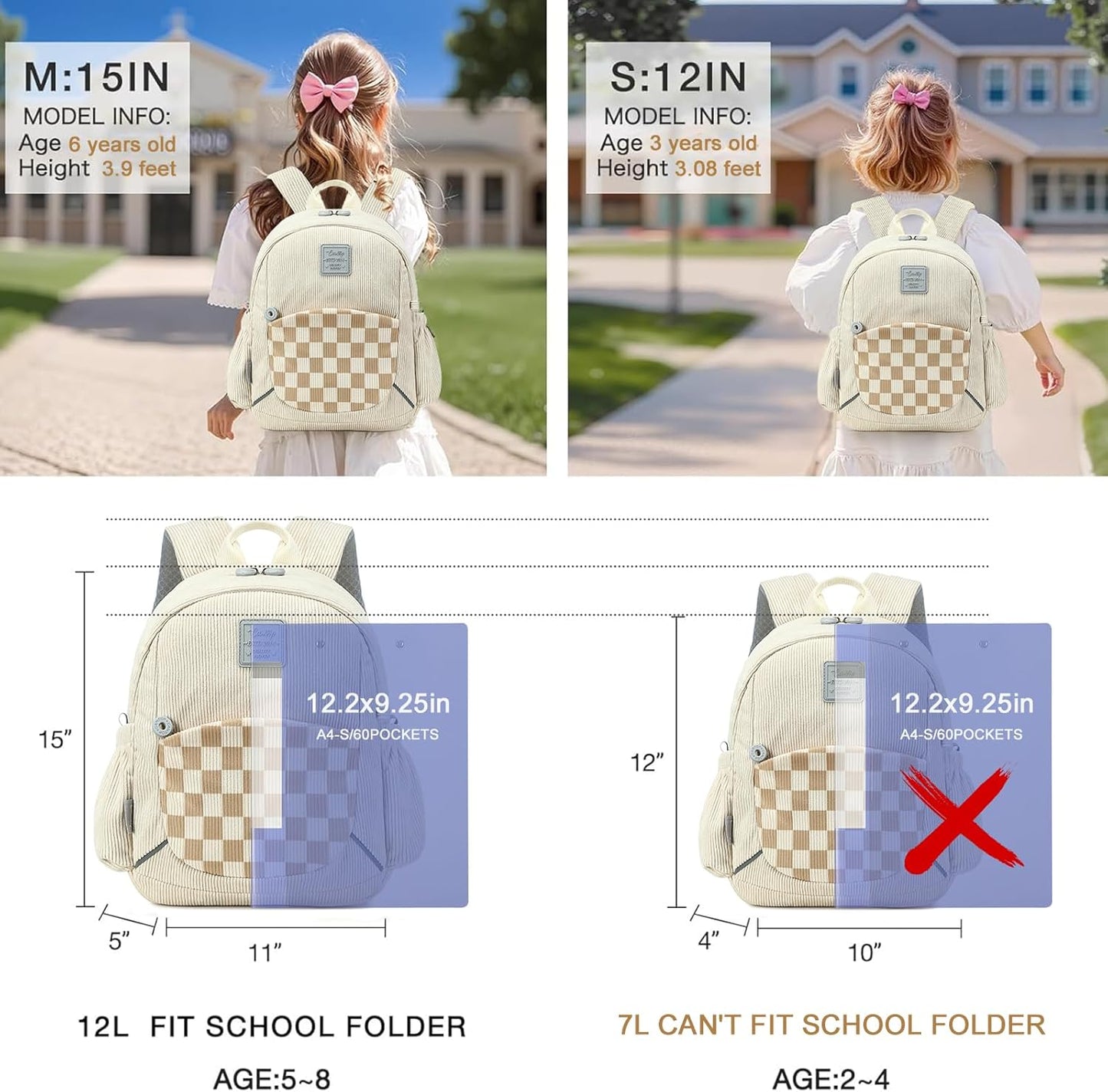 CAMTOP Toddler Backpack for Boys Girls 2-4, Kids Backpacks for Kindergarten Preschool, 12" H Small Bookbag for Daycare Travel (Beige)