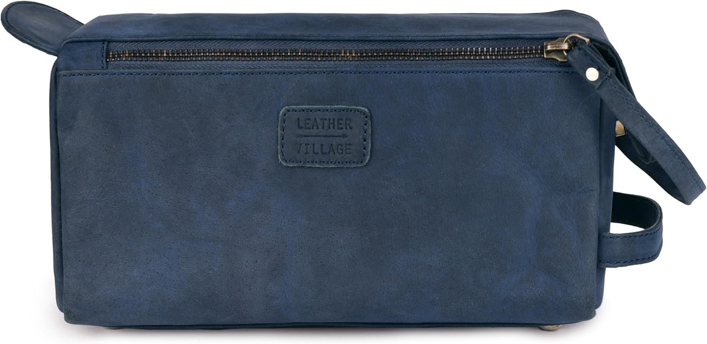LEATHER VILLAGE Premium Leather Travel Toiletry Bag - Unisex Water-Resistant Travel Bag for