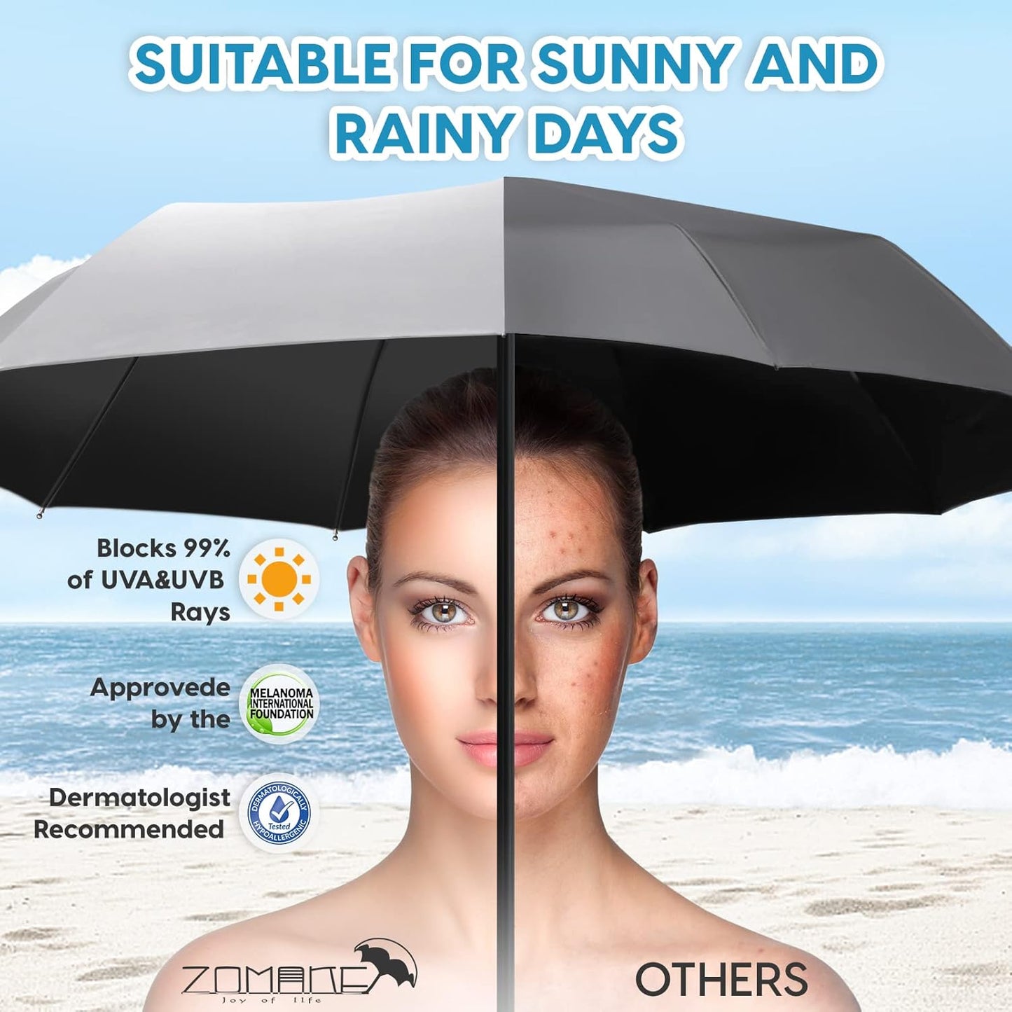 ZOMAKE UV Umbrella for Sun Protection UPF 50+,Travel Compact Sun Umbrellas UV Blocking Small Auto Open Portable for Walking
