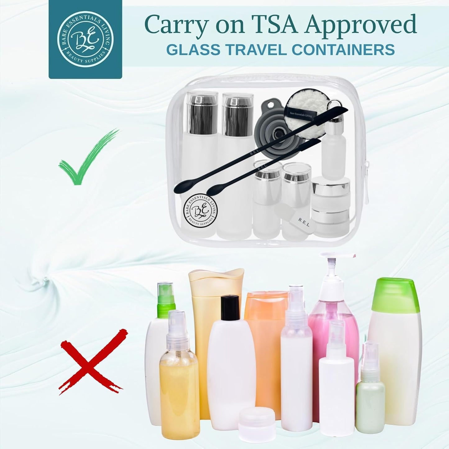 14 Pcs Travel Skincare Containers Set-TSA Approved Toiletry Bag & Glass Travel Bottles for Toiletries Pump, Spray & Dropper Bottles Travel Size Containers for Foundation, Serum Moisturizer Oil & Cream