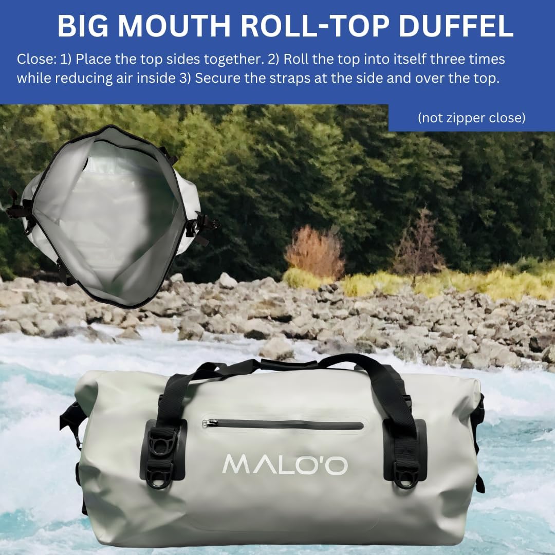 Malo’o Waterproof Dry Duffel, Heavy-Duty Roll Top Waterproof Gear Bag with Shoulder Strap & Molle Loops, Marine Duffel for Kayaking, Boating, Camping, Beach & Travel, Grey, 60L
