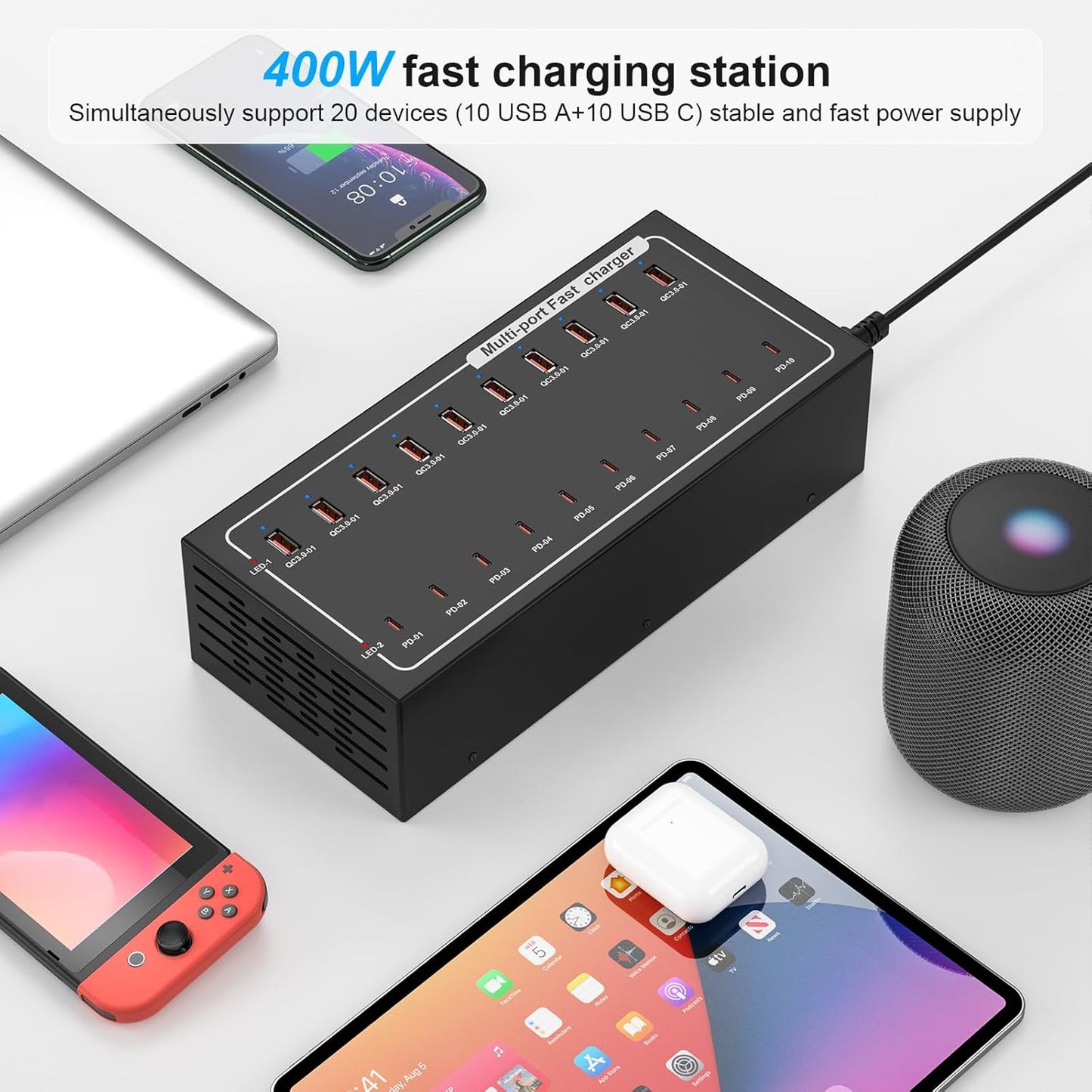 400W USB Charging Station for Multiple Devices, (10 USB C+10 USB A), USB-C Port Supports PD Quick Charge Compatible with iPhone, Smartphones, Tablets and Other Devices (Black)