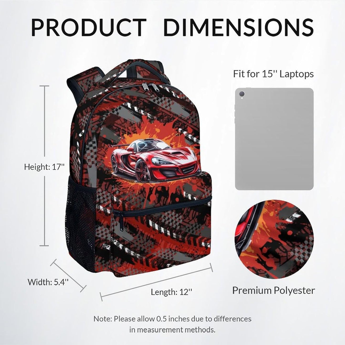 Mercuryelf Backpack for Boys - 17 Inch Bookbag for Primary Middle - Cool Racing Car Backpacks - Children's School Bag