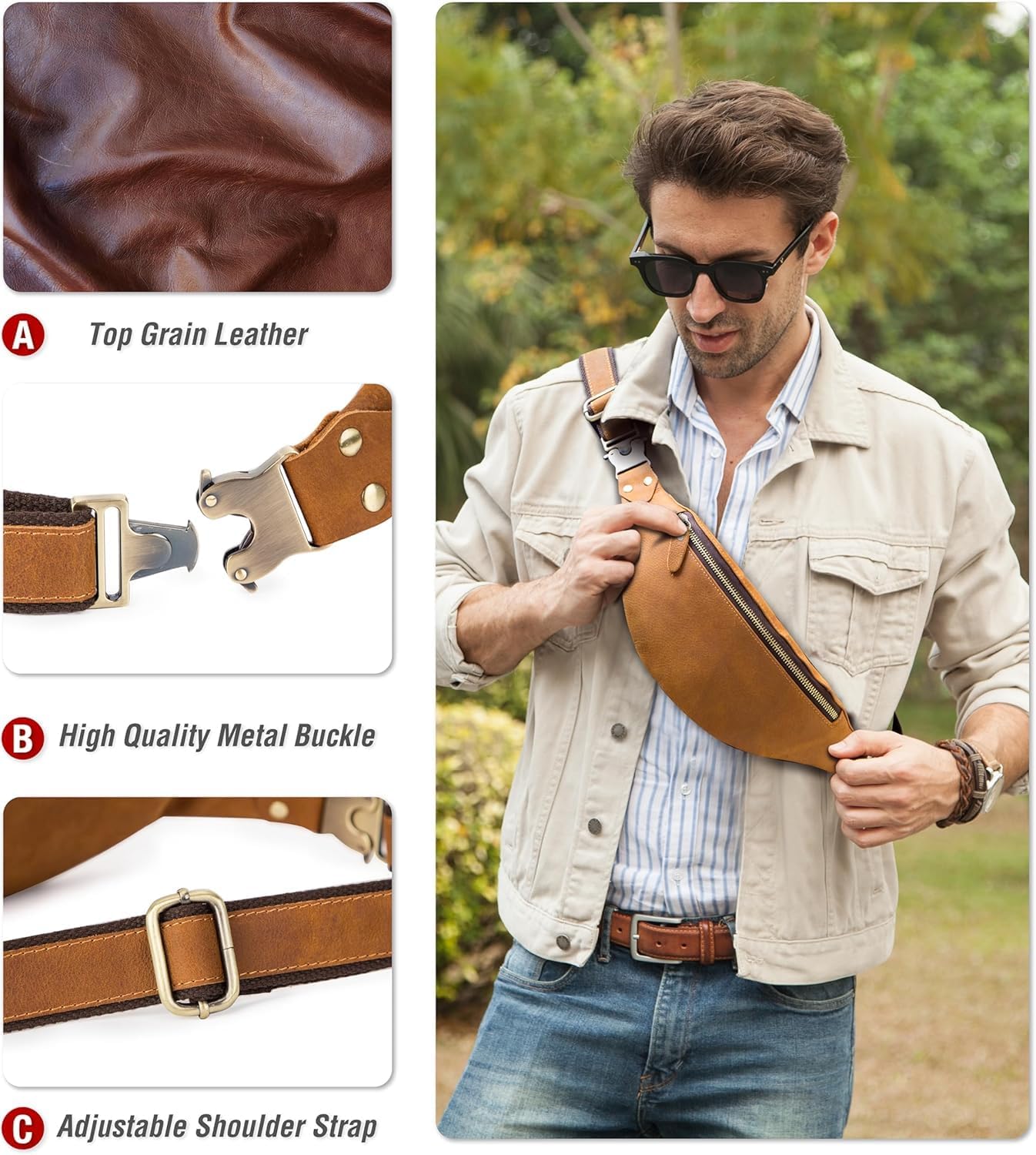 Slim Genuine Leather Waist Pack for Men Women Vintage Crossbody Fanny Pack Travel Riding Detachable Belt Bag (Vintage Brown)