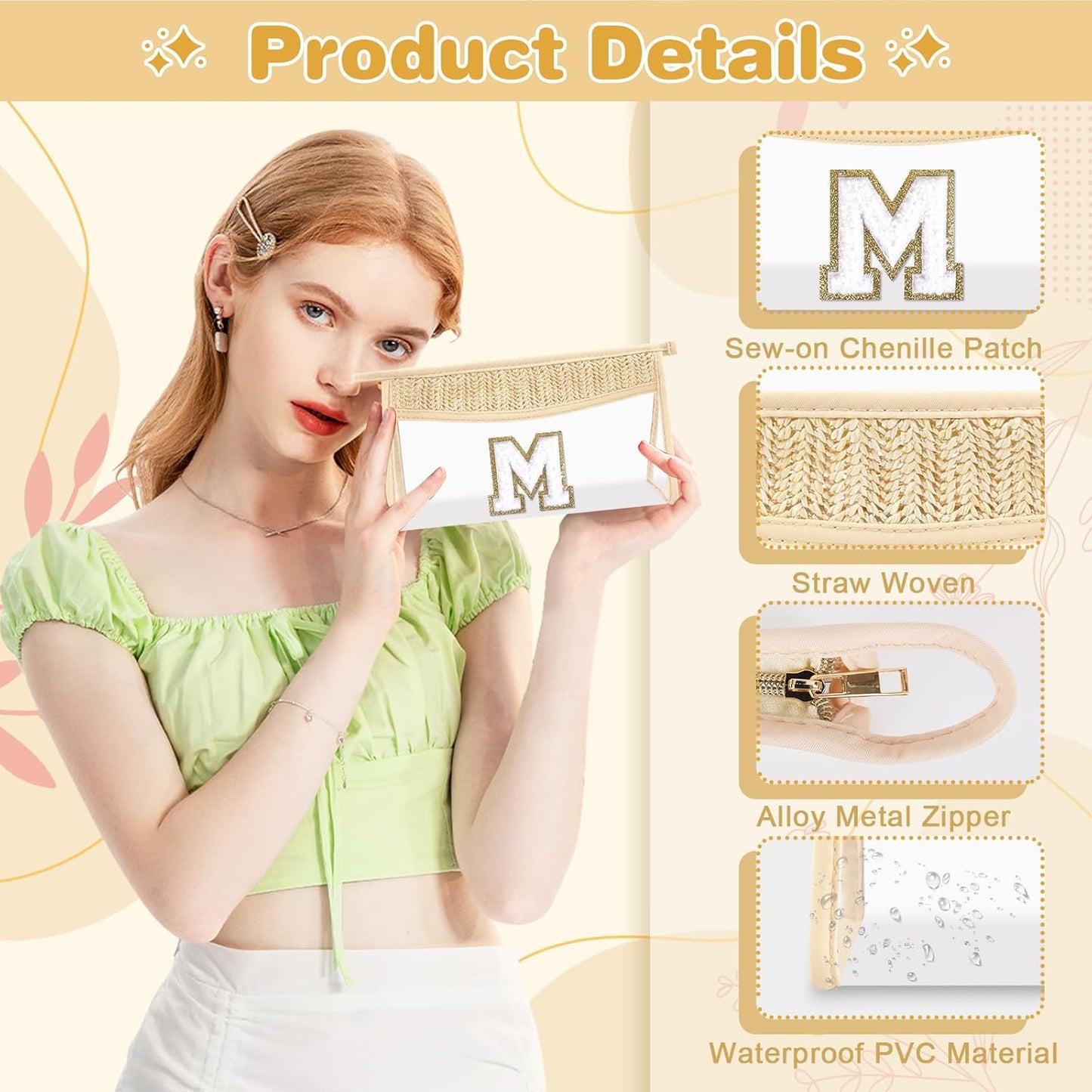 Personalized Initial Letter Bag Boho Straw Clear Makeup Bag,Small Cute Chenille Varsity Letter Bag With Zipper,Beach Travel Toiletry Bag,Portable Monogrammed Cosmetic Bag for Women Girls,M