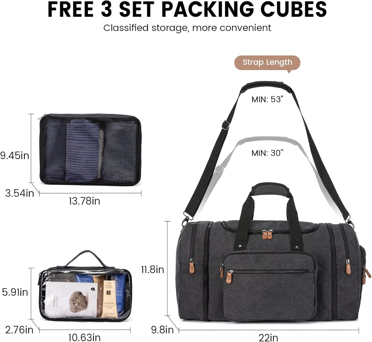 Sucipi Canvas Travel Duffel Bag for Men, Weekend Overnight Bag with Shoe Compartment and Toiletry Bag, Carry-On for Airplanes, Dark Grey