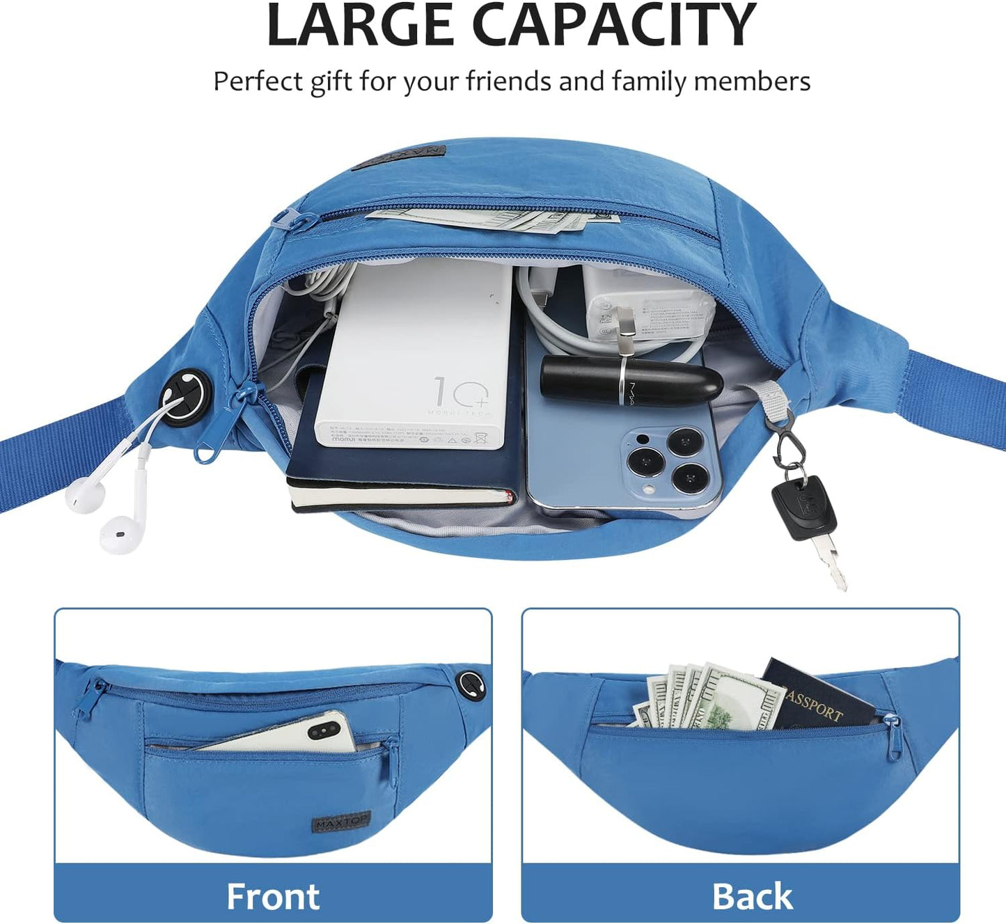 MAXTOP Large Crossbody Fanny Pack with 4-Zipper Pockets,Gifts for Enjoy Sports Festival Workout