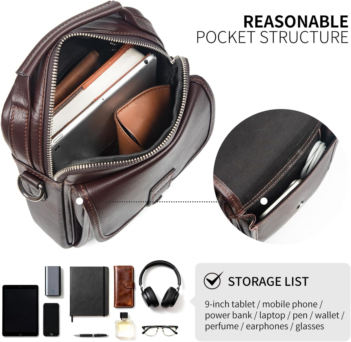 Augus Leather Small Messenger Bag For Men Crossbody Handbag Shoulder Sling Travel Bags for Men Purse Daypack Magnetic Buckle