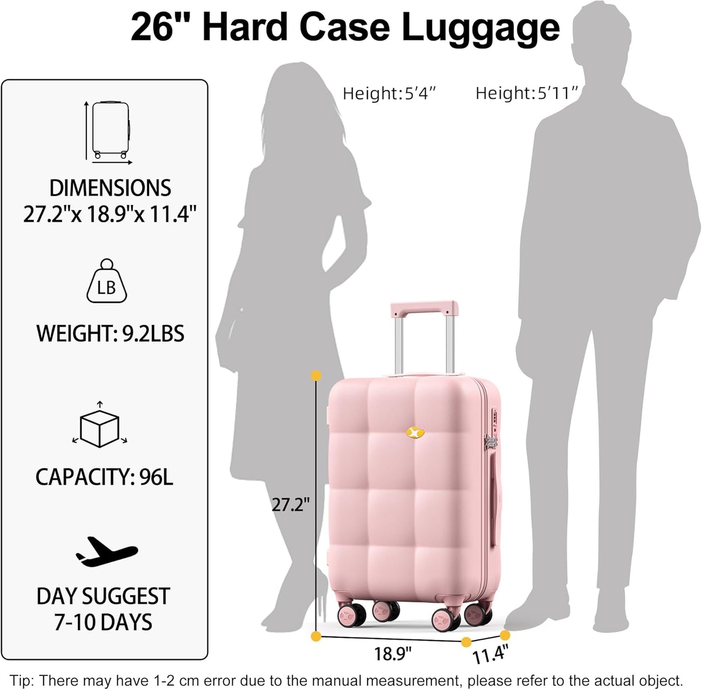 MGB 26-Inch Hardside Suitcases with Wheels, Medium Checked Luggage with 360°Spinner Wheels - Scratch Resistant Hardshell - TSA Lock - Polycarbonate Shell for Lightweight Travel - Pink