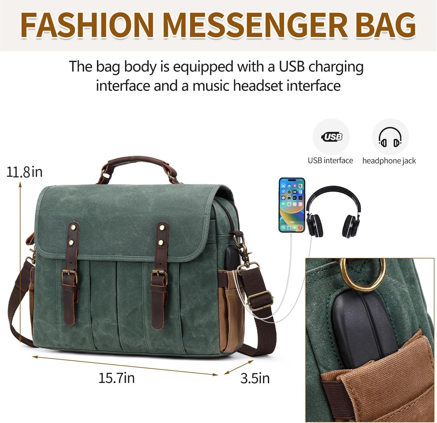Messenger Bag for Men 15.6 Inch Vintage Canvas Genuine Leather Briefcase for Men Laptop Bag Satchel Shoulder Bag