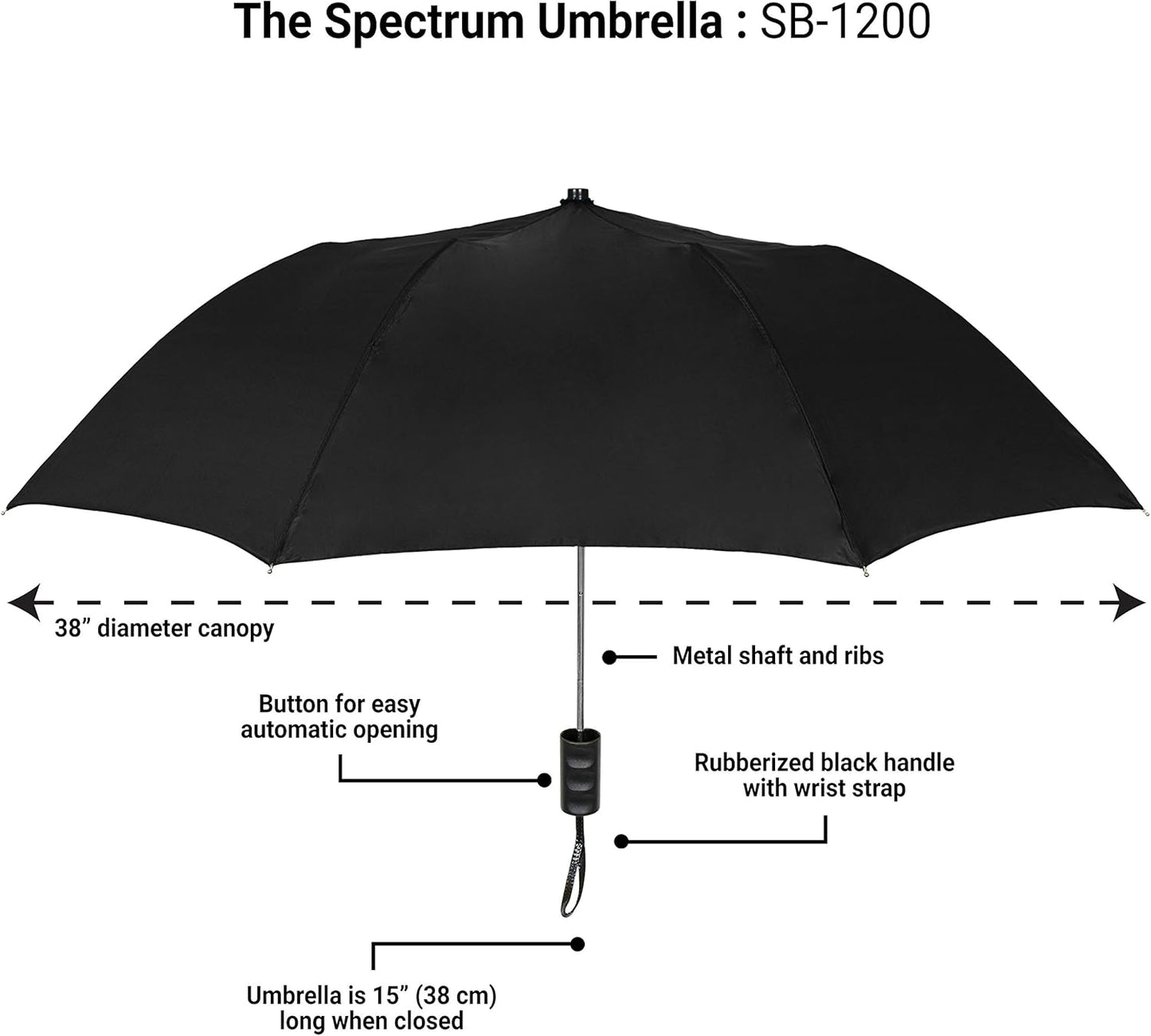 The Spectrum Popular Style 42" Automatic Open Compact Travel Umbrella for Rain, Wind & Sun, Sturdy
