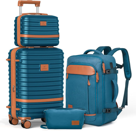 Joyway Expandable Carry on Luggage Sets Airline Approved, Lightweight Hard Shell 20 Inch Carry-on Suitcase with Spinner Wheels, Blue Brown