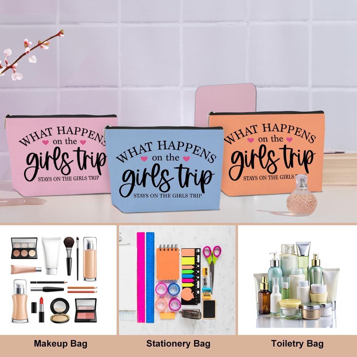 3 PCS Girls Trip Gifts Favors Girls Trip Bag Girls Trip Makeup Bag Girls Weekend Gifts for Women Girls Weekend Gifts Ideas for Coworker Cosmetic Bag Weekender Bag for Women Christmas Holiday Vacation