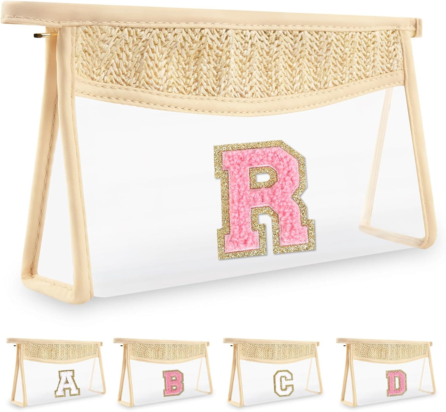 Small Boho Straw Initial Letter Makeup Bag Personalized Gift ,Cute Clear Chenille Patch Makeup Bag With Zipper,Trendy TSA Approved Travel Toiletry Bag,Gift for Women Girls Birthday Friend, Letter R