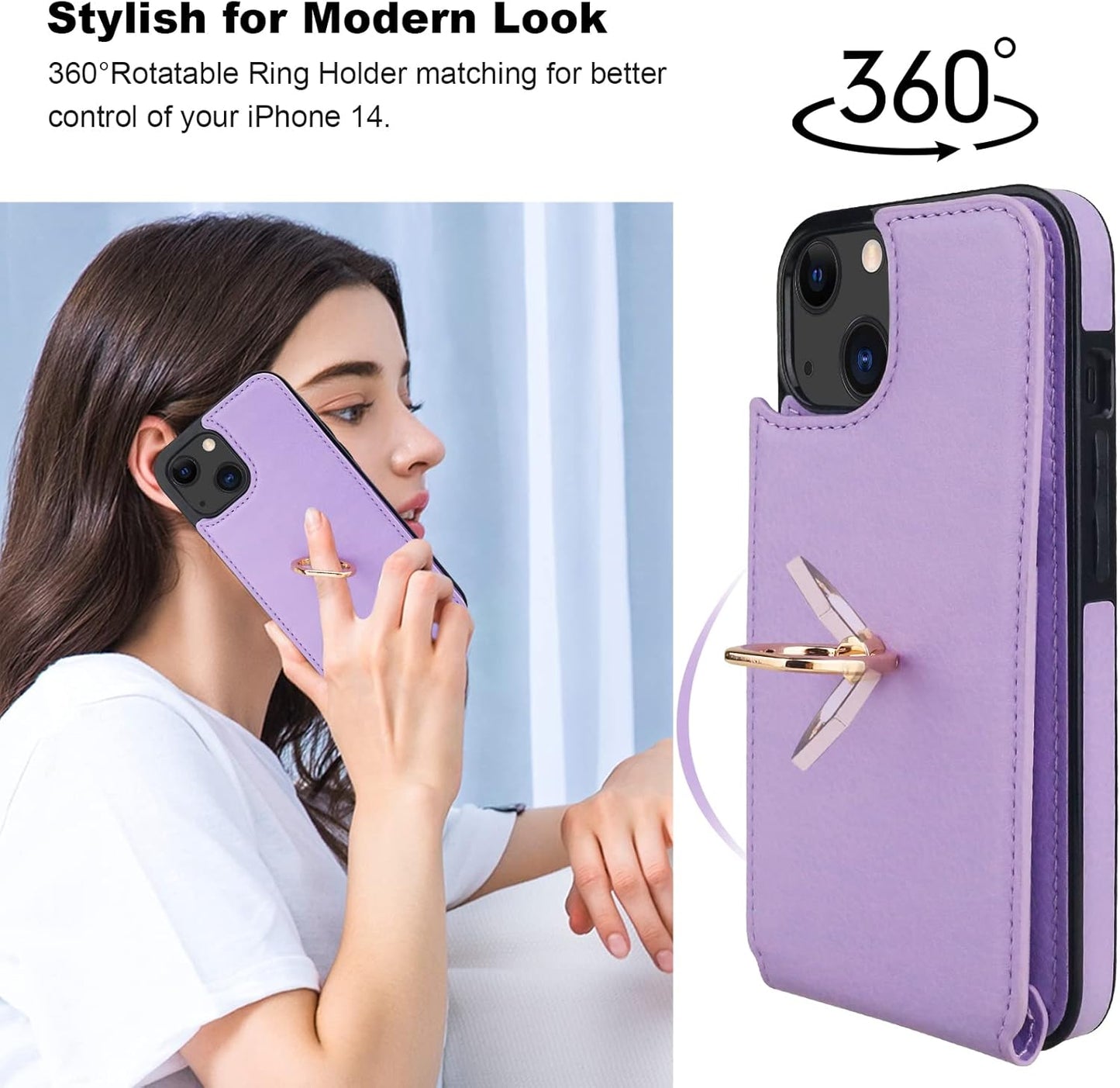 Folosu Compatible with iPhone 14 Case Wallet with Card Holder, 360°Rotation Finger Ring Holder Kickstand, RFID Blocking Leather Protective Double Buttons Shockproof Cover 6.1 Inch Purple