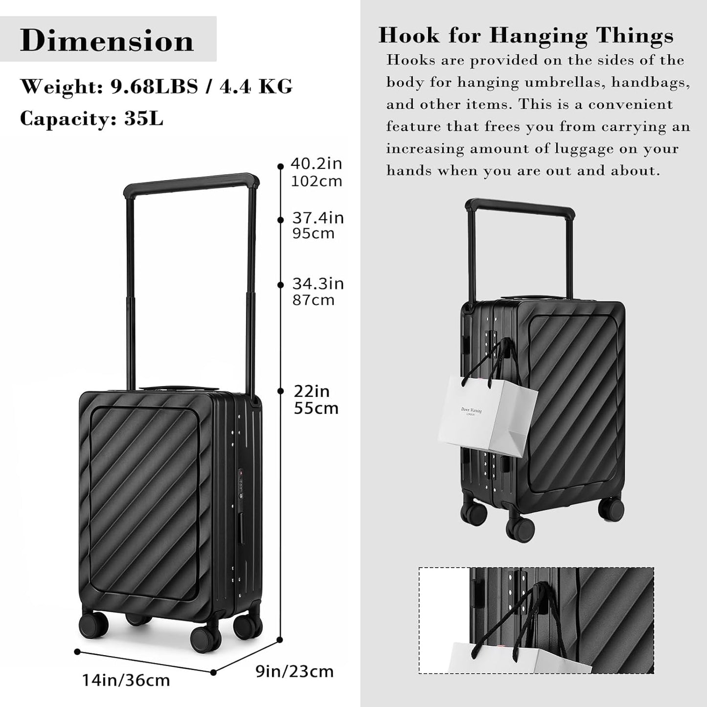 Somago Carry On Luggage Wide Handle 20 Inch Suitcase with Front Compartment Aluminum Framed PC Hardside 22x14x9 No Zipper Business Baggage with Spinner Wheels USB Charging Port TSA Lock (Black)
