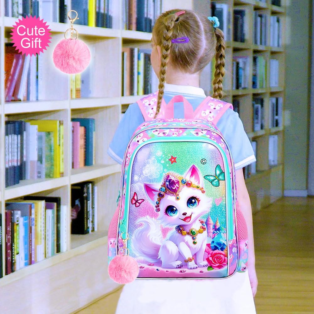 16" Fox Backpack for Girls, 3Pcs Kids Bookbag for Elementary Preschool Kindergarten, School