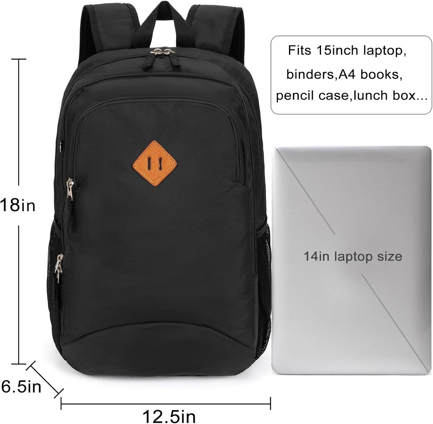 Kids Backpack for School Lightweight Elementary Middle School BookBags for Teens Boys and Girls with Chest Strap, 18 Inch Black
