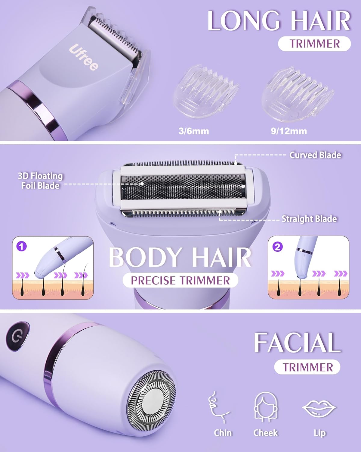 Ufree Bikini Trimmer Electric Razors for Women, Rechargeable Pubic Body Hair Trimmer Electric Shaver for Legs Body Hair, Bikini Shaver IPX7 Waterproof, Gifts for Women, Purple