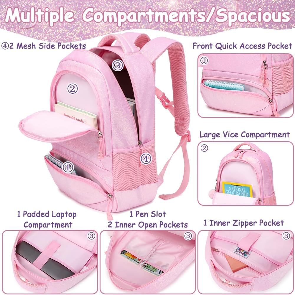 School Backpack for Girls Shiny Glitter Sparkly Bookbag for Kids Elementary Middle School Bags for Girl Blingbling Pink