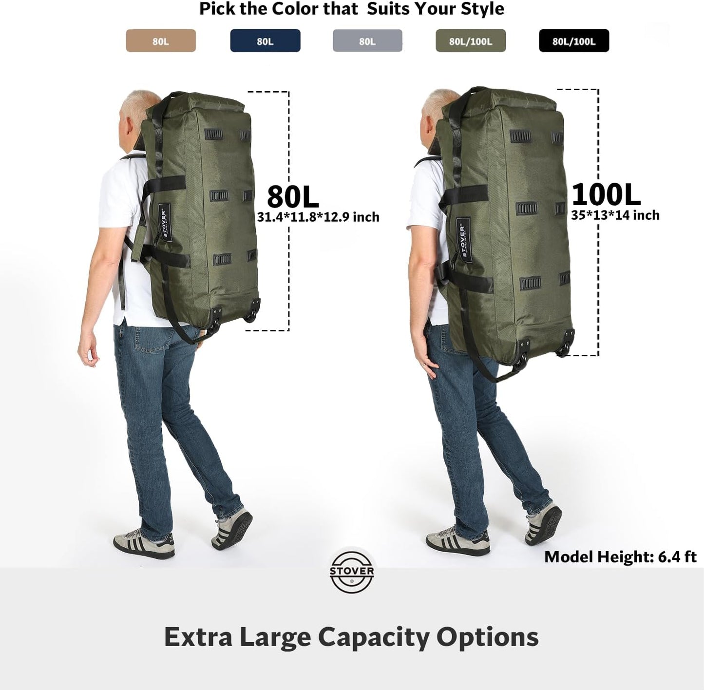 STOVER 80L Rolling Duffel Bag with Wheels, Large 31 Inch Durable Travel Duffle + Toiletry Bag, Heavy Duty, Packable, Foldable w/Shoulder Straps- Use as Luggage or Backpack, Men/Women (Black)