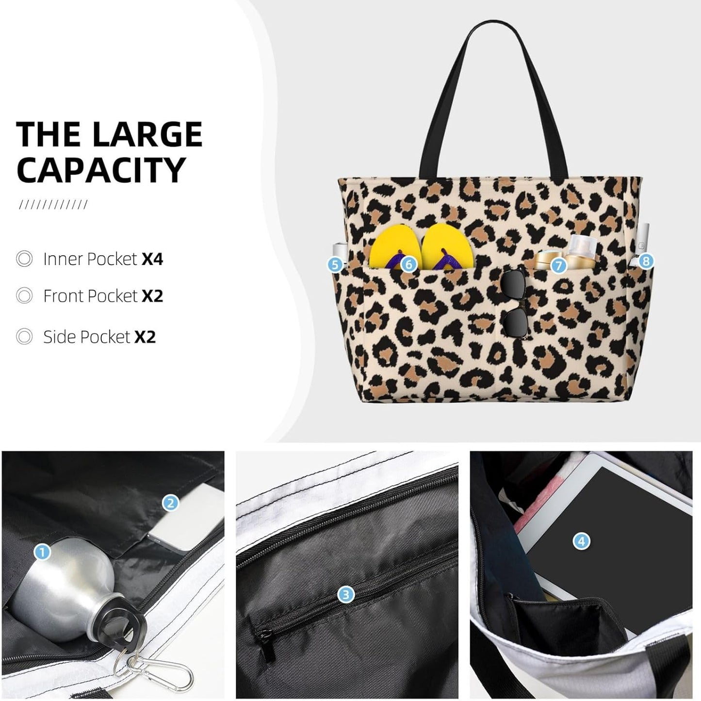 Large Travel Beach Tote Bag with Zipper Pockets Portable Lightweight Gym Bag Picnic Outdoor