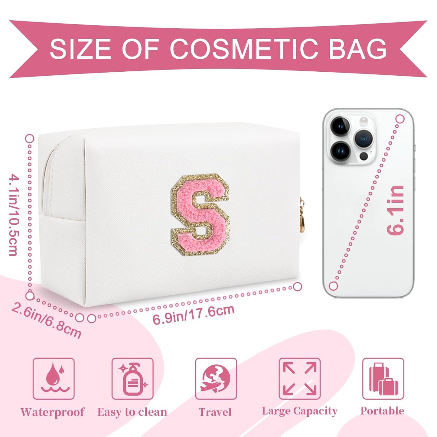 Personalized Makeup Bag Initial A-Z Preppy Patch Bag,Small PU Leather Travel Cosmetic Bag Pouch