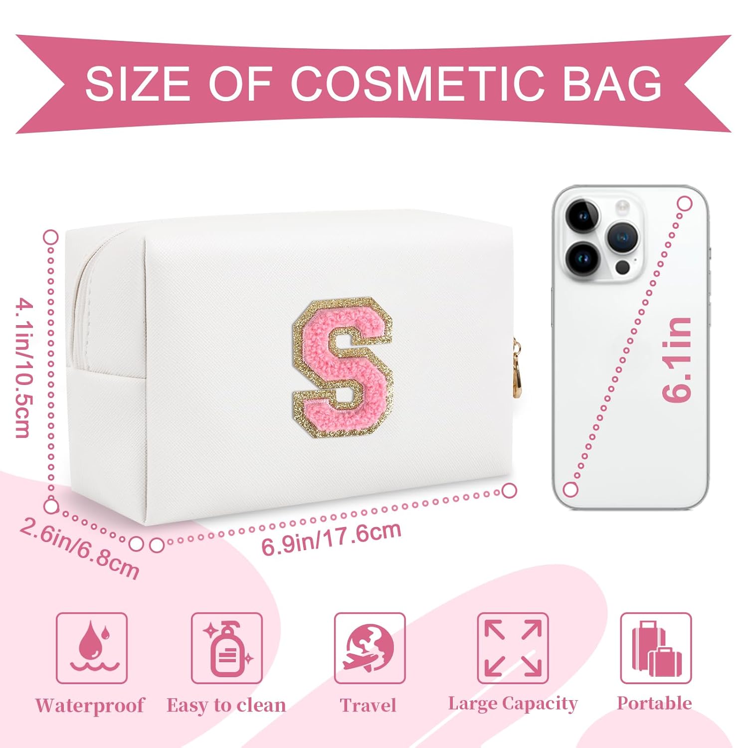 Personalized Makeup Bag Initial A-Z Preppy Patch Bag,Small PU Leather Travel Cosmetic Bag Pouch