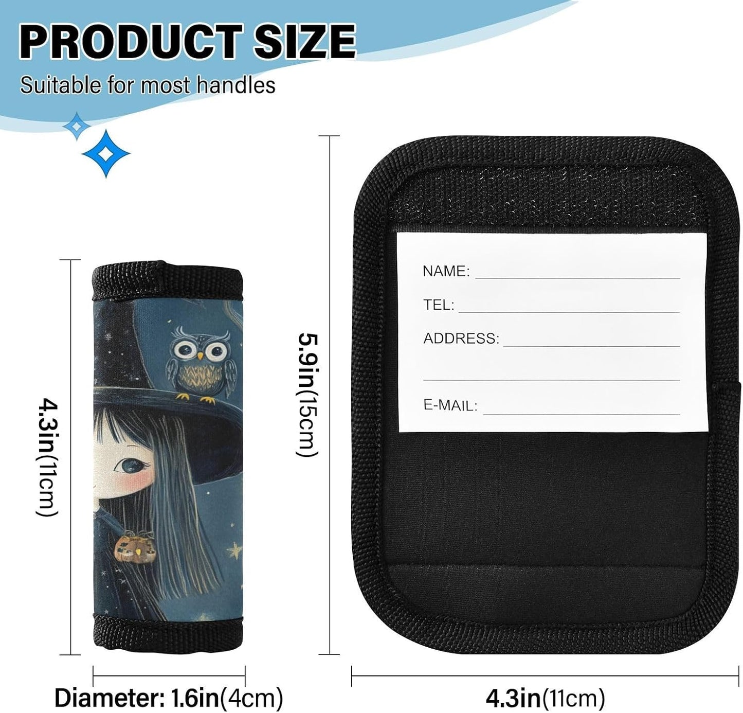 Gothic Night Halloween Witch and Owls 2 Pack Luggage Handle Wraps Covers for Suitcase Identifiers Bag Tags Travel Accessories