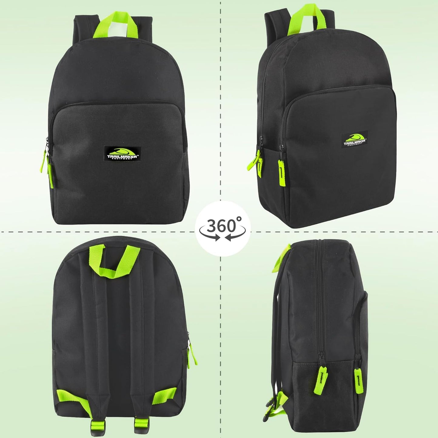 Trailmaker Color Block Backpacks for School Boys and Girls, 15 Inch Two Tone Colorful Small Travel Backpack for Kids (Black)
