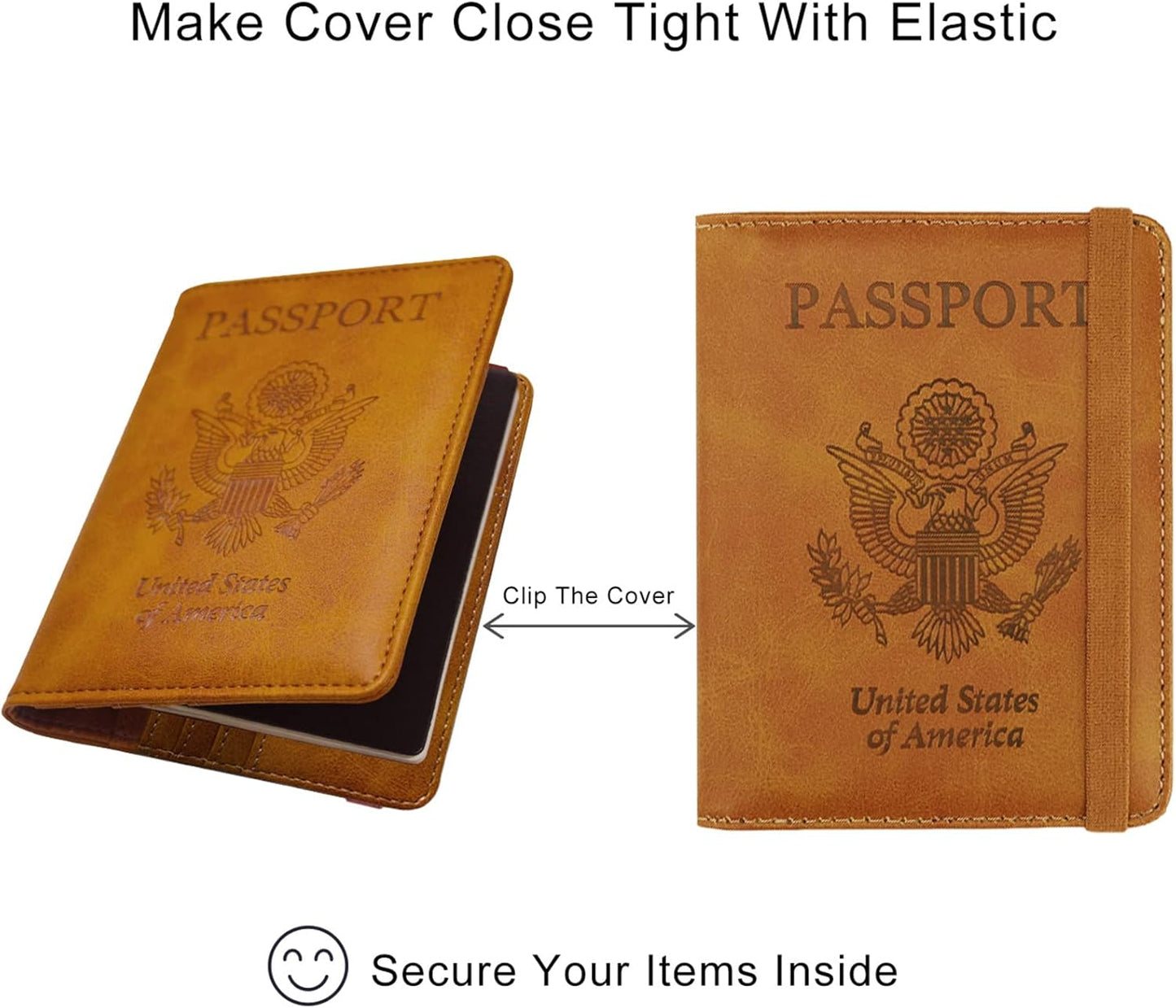 WALNEW Passport Holder for Travel, RFID Passport Cover Wallet for Women Men, PU Leather Passport Book Card Holder Case with Pen, Travelling Essentials for Flying (Elastic Band Closure, AA-Brown+Blue)