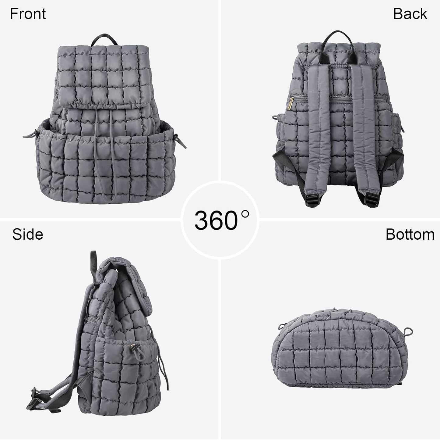 XSUIOY Quilted Backpack Purse for Women Small Lightweight Puffer Puffy College Laptop Backpack Nylon Casual Bookbag Daypack Top Flap Drawstring Padding Hiker Travel Gym Backpack(Grey)