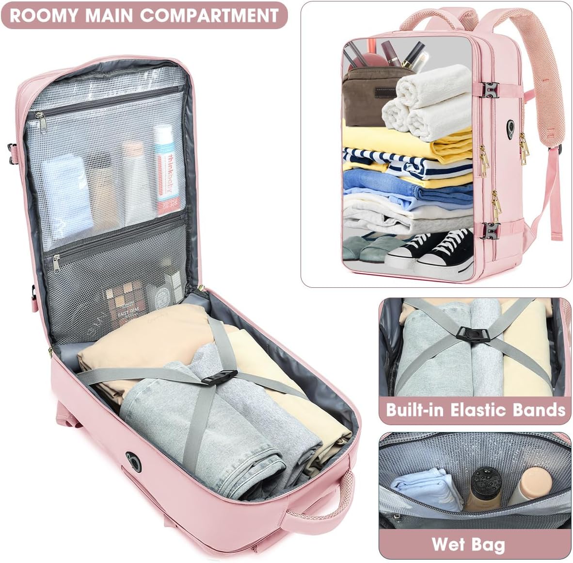 Large Carry On Travel Backpack - Flight Approved Waterproof Luggage Suitcase Backpacks Personal Item Size for Women Men Fit 17 Inch Laptop College Overnight Bag Anti-Theft Weekender Daypack Pink