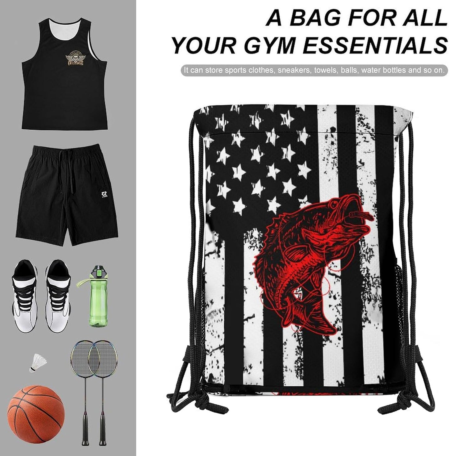 Fish Flag Drawstring Backpack Gym Bag With Shoe Compartment String Bag Sport Beach Swimming Sackpack For Women Men