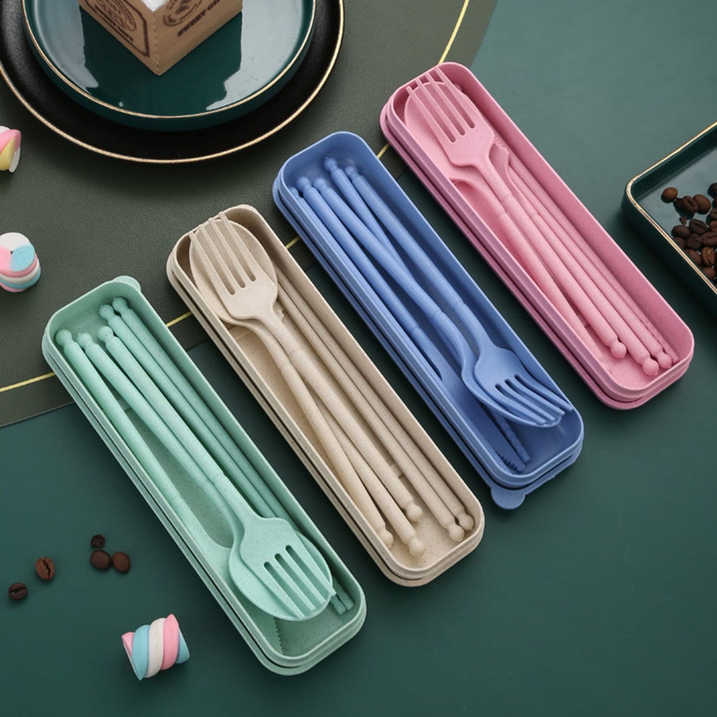 8 Colors Portable Utensils Sets with Case, Wheat Straw Cutlery Set, Reusable Travel Flatware Set