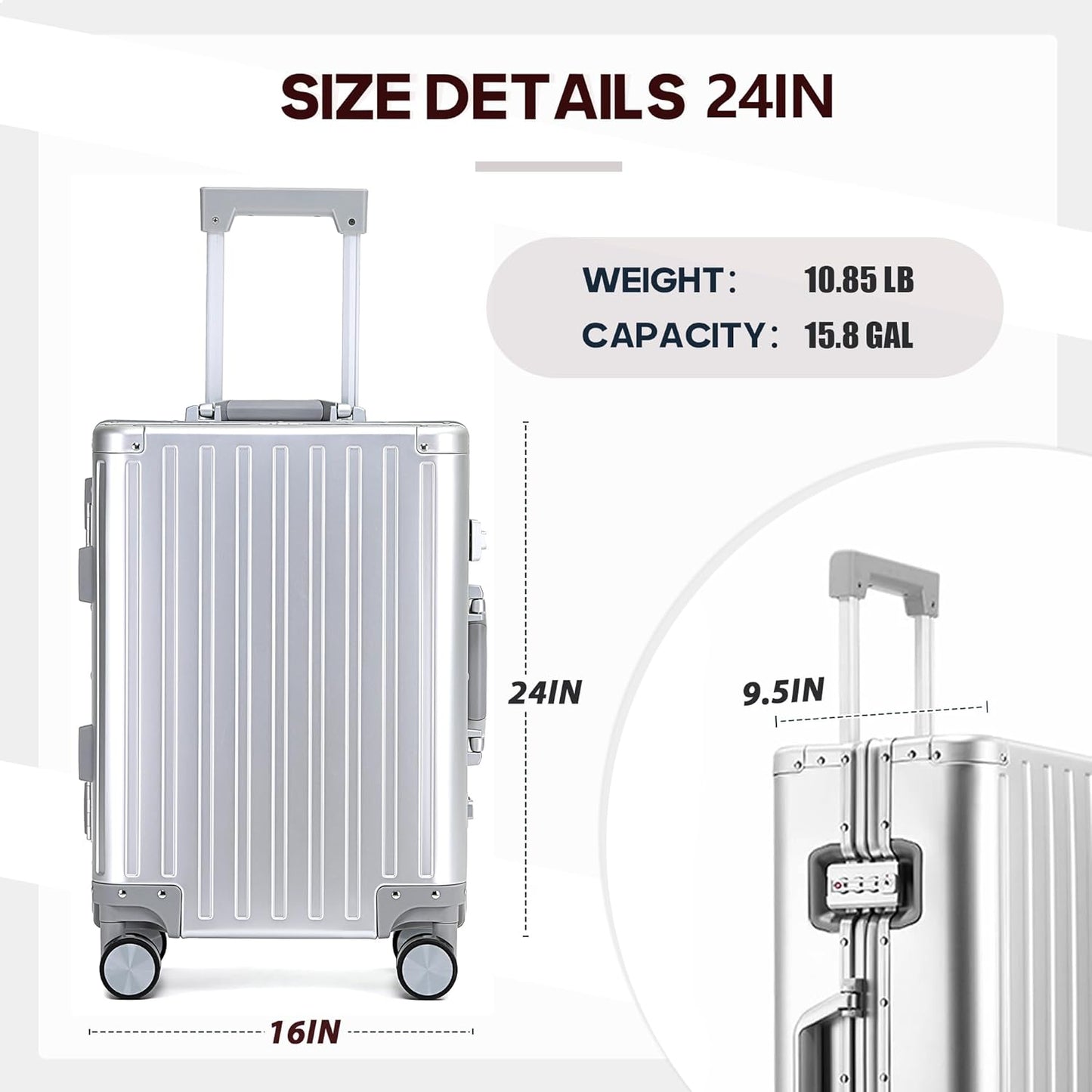 YYW All aluminum-magnesium Carry-On Luggage 24 Inch,Airline Approved Lightweight Suitcase with TSA Lock and Silent Wheels,Suitable for business travel (Silver, 24in)