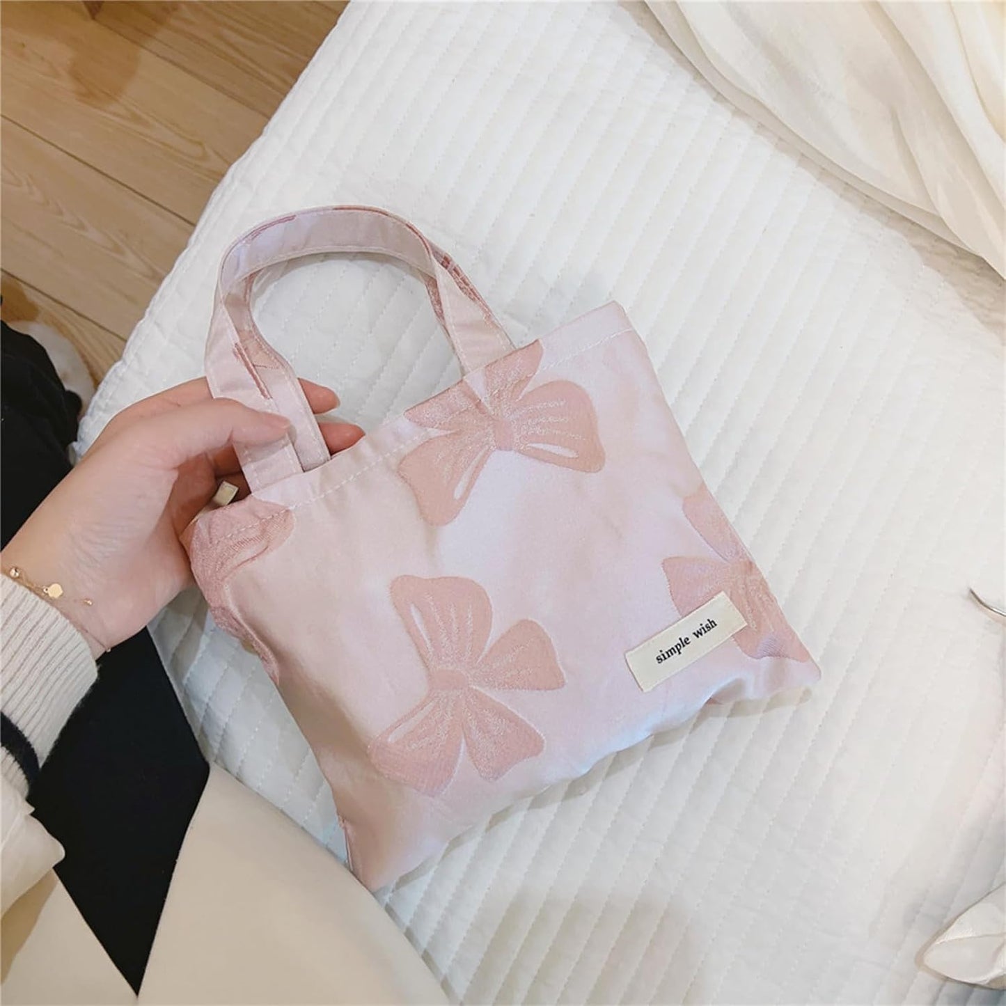 Wudygirl Makeup Bag Travel Cosmetic Bag for Women Small Makeup Pouch with Handle Zipper Cosmetic Pouch Handbag Aesthetic (Pink Bow)