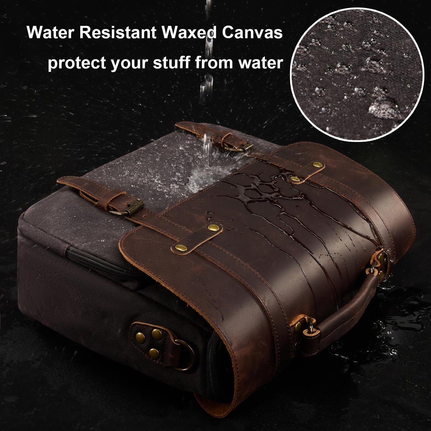 Mens Messenger Bag Waxed Canvas Laptop Briefcase 16“ Vintage Genuine Leather Crossbody Bags Waterproof Satchel Shoulder Bag